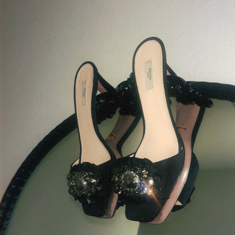 Prada Black Jeweled Open-Toe kitten heels